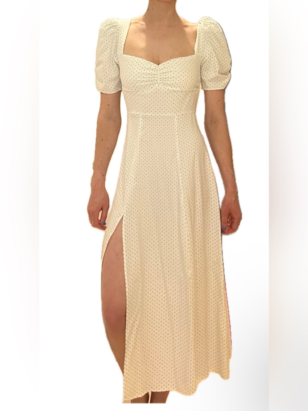 WeWoreWhat White Polka Dot Midi Dress with Puff Sleeves